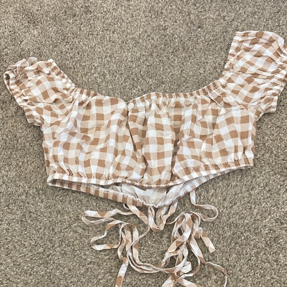 Brown and White Gingham Off-Shoulder Top - Picture 3 of 3